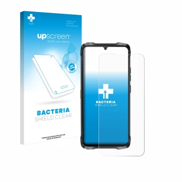 Face avant d’un emballage produit avec le logo de la marque upscreen. À côté, l’appareil Cubot King Kong Power 3 est représent