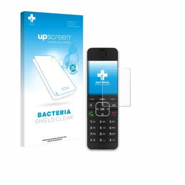 Face avant d’un emballage produit avec le logo de la marque upscreen. À côté, l’appareil AVM Fritz!Fon C6 Black est représenté