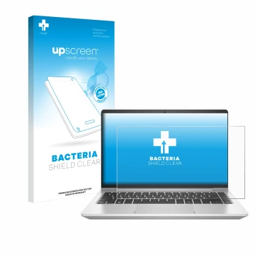 Face avant d’un emballage produit avec le logo de la marque upscreen. À côté, l’appareil HP ProBook 445 G9 est représenté avec