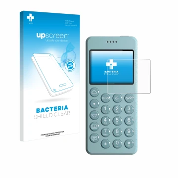 Face avant d’un emballage produit avec le logo de la marque upscreen. À côté, l’appareil Punkt MP02 est représenté avec la pro