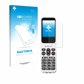 Face avant d’un emballage produit avec le logo de la marque upscreen. À côté, l’appareil Doro Leva L30 est représenté avec la 