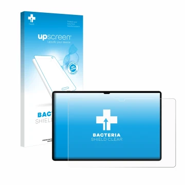 Face avant d’un emballage produit avec le logo de la marque upscreen. À côté, l’appareil Samsung Galaxy Tab S9 Ultra (case-fri