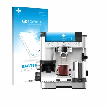 Face avant d’un emballage produit avec le logo de la marque upscreen. À côté, l’appareil Ninja Luxe Cafe Premier ES601EU est r