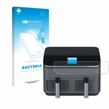 Face avant d’un emballage produit avec le logo de la marque upscreen. À côté, l’appareil Cosori CAF-R9 est représenté avec la 