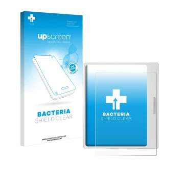 Face avant d’un emballage produit avec le logo de la marque upscreen. À côté, l’appareil Boox Go Color 7 White Edition est rep