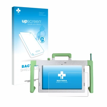 Face avant d’un emballage produit avec le logo de la marque upscreen. À côté, l’appareil Telemarie Tablet 10.1