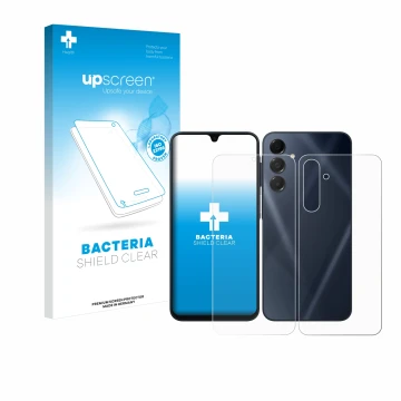 Face avant d’un emballage produit avec le logo de la marque upscreen. À côté, l’appareil Samsung Galaxy A16 4G (Avant+Arrière)