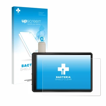 Face avant d’un emballage produit avec le logo de la marque upscreen. À côté, l’appareil Garmin Tread XL Overland Edition 10