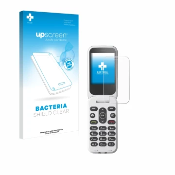 Face avant d’un emballage produit avec le logo de la marque upscreen. À côté, l’appareil Doro 2820 est représenté avec la prot