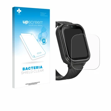 Face avant d’un emballage produit avec le logo de la marque upscreen. À côté, l’appareil RAYOFI Kids Smartwatch est représenté
