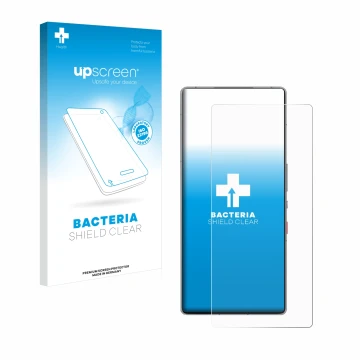 Face avant d’un emballage produit avec le logo de la marque upscreen. À côté, l’appareil ZTE Nubia Red Magic 10 Pro est représ