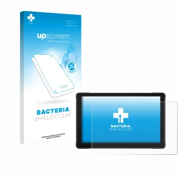 Face avant d’un emballage produit avec le logo de la marque upscreen. À côté, l’appareil Podofo Motorrad Carplay 7