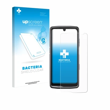 Face avant d’un emballage produit avec le logo de la marque upscreen. À côté, l’appareil Crosscall Stellar M6 est représenté a