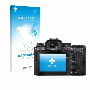 Face avant d’un emballage produit avec le logo de la marque upscreen. À côté, l’appareil Sony Alpha 1 II (ILCE1M2B) est représ