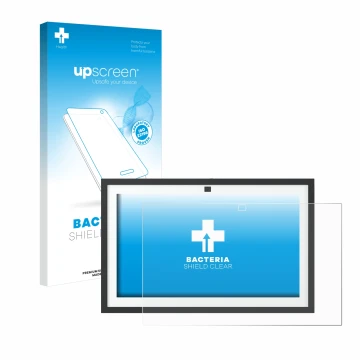 Face avant d’un emballage produit avec le logo de la marque upscreen. À côté, l’appareil Amazon Echo Show 15 2024 est représen