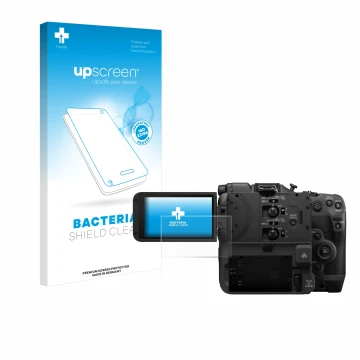 Face avant d’un emballage produit avec le logo de la marque upscreen. À côté, l’appareil Canon EOS C400 est représenté avec la