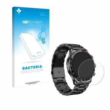 Face avant d’un emballage produit avec le logo de la marque upscreen. À côté, l’appareil Maoo Titan Smartwatch 1.43