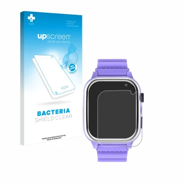 Face avant d’un emballage produit avec le logo de la marque upscreen. À côté, l’appareil Jubunrer Kids Smartwatch est représen