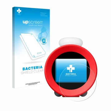 Face avant d’un emballage produit avec le logo de la marque upscreen. À côté, l’appareil Nintendo Sound Clock Alarmo est repré