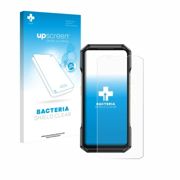 Face avant d’un emballage produit avec le logo de la marque upscreen. À côté, l’appareil Ulefone Armor 27 est représenté avec 