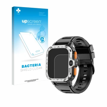 Face avant d’un emballage produit avec le logo de la marque upscreen. À côté, l’appareil HS Smartwatch 2