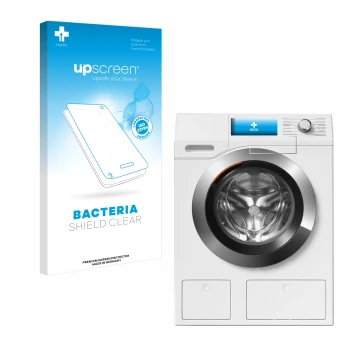 Face avant d’un emballage produit avec le logo de la marque upscreen. À côté, l’appareil Miele WEH875 est représenté avec la p