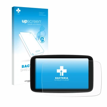 Face avant d’un emballage produit avec le logo de la marque upscreen. À côté, l’appareil TomTom GO Advanced est représenté ave