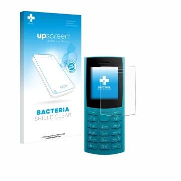 Face avant d’un emballage produit avec le logo de la marque upscreen. À côté, l’appareil Nokia 105 4G 2nd Edition est représen