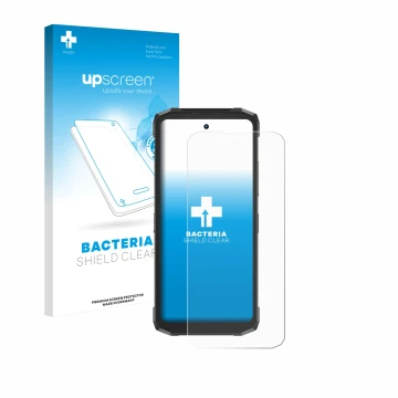 Face avant d’un emballage produit avec le logo de la marque upscreen. À côté, l’appareil Doogee Fire 6 Power est représenté av