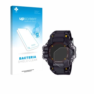 Face avant d’un emballage produit avec le logo de la marque upscreen. À côté, l’appareil Casio G-Shock GPR-H 1000 est représen