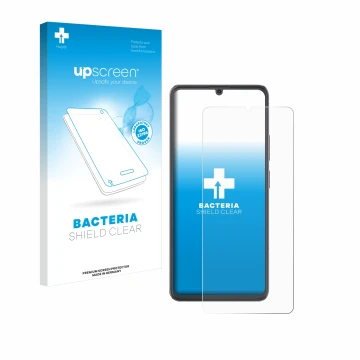 Face avant d’un emballage produit avec le logo de la marque upscreen. À côté, l’appareil Cubot A20 est représenté avec la prot