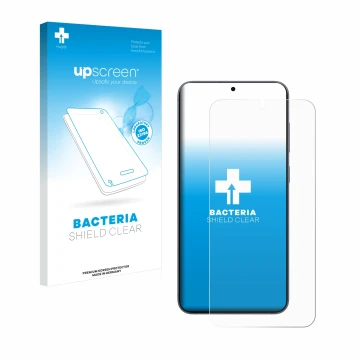 Face avant d’un emballage produit avec le logo de la marque upscreen. À côté, l’appareil Samsung Galaxy S25 Plus est représent