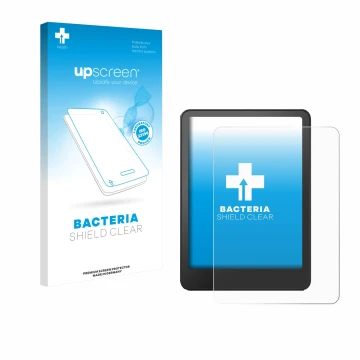 Face avant d’un emballage produit avec le logo de la marque upscreen. À côté, l’appareil Amazon Kindle Paperwhite 2024 Signatu