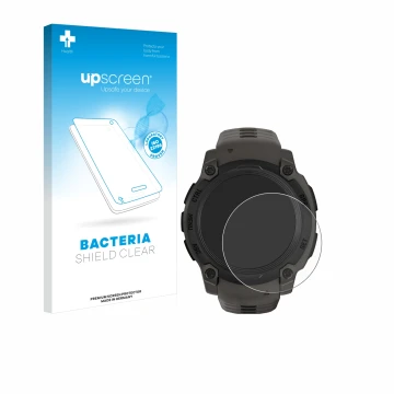Face avant d’un emballage produit avec le logo de la marque upscreen. À côté, l’appareil Garmin Instinct E (40 mm) est représe