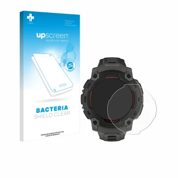 Face avant d’un emballage produit avec le logo de la marque upscreen. À côté, l’appareil Garmin Instinct E (45 mm) est représe