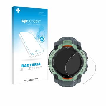 Face avant d’un emballage produit avec le logo de la marque upscreen. À côté, l’appareil Garmin Instinct 3 AMOLED (50 mm) est 