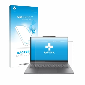 Face avant d’un emballage produit avec le logo de la marque upscreen. À côté, l’appareil Lenovo Yoga 7i 2-in-1 Gen 10 14