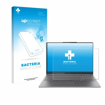 Face avant d’un emballage produit avec le logo de la marque upscreen. À côté, l’appareil Lenovo Yoga 7 2-in-1 Gen 10 16