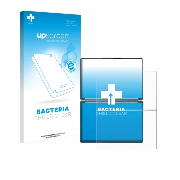 Face avant d’un emballage produit avec le logo de la marque upscreen. À côté, l’appareil Lenovo Yoga Book 9i Gen 10 est représ