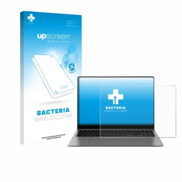 Face avant d’un emballage produit avec le logo de la marque upscreen. À côté, l’appareil Samsung Galaxy Book5 Pro 16