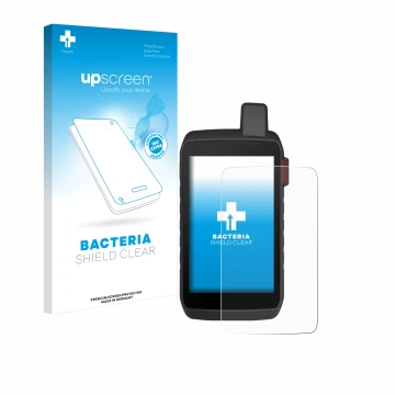 Face avant d’un emballage produit avec le logo de la marque upscreen. À côté, l’appareil Garmin Montana 760i est représenté av