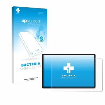 Face avant d’un emballage produit avec le logo de la marque upscreen. À côté, l’appareil Lenovo Yoga Tab 2025 est représenté a