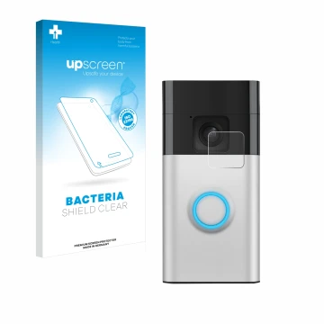 Face avant d’un emballage produit avec le logo de la marque upscreen. À côté, l’appareil Ring Battery Video Doorbell est repré
