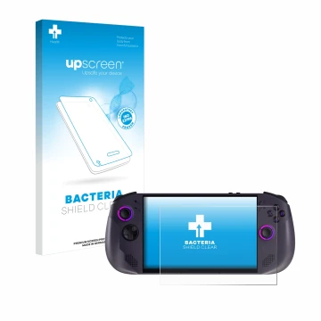 Face avant d’un emballage produit avec le logo de la marque upscreen. À côté, l’appareil Lenovo Legion Go S est représenté ave