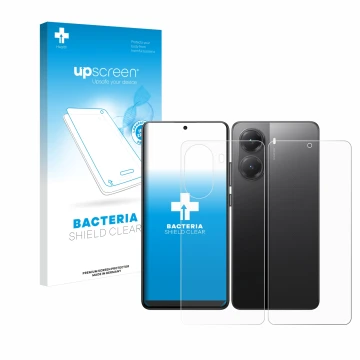 Face avant d’un emballage produit avec le logo de la marque upscreen. À côté, l’appareil Xiaomi Poco X7 Pro (Avant+Arrière) es
