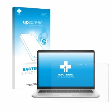 Face avant d’un emballage produit avec le logo de la marque upscreen. À côté, l’appareil Dell Pro 14 Plus 2-in-1 PB14250 est r