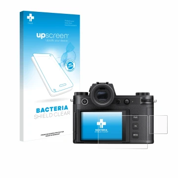 Face avant d’un emballage produit avec le logo de la marque upscreen. À côté, l’appareil Leica SL3-S (Affichage + affichage de