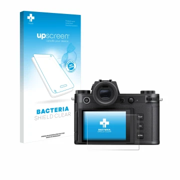 Face avant d’un emballage produit avec le logo de la marque upscreen. À côté, l’appareil Leica SL3-S est représenté avec la pr