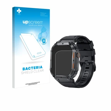 Face avant d’un emballage produit avec le logo de la marque upscreen. À côté, l’appareil bedee Smartwatch 1.96