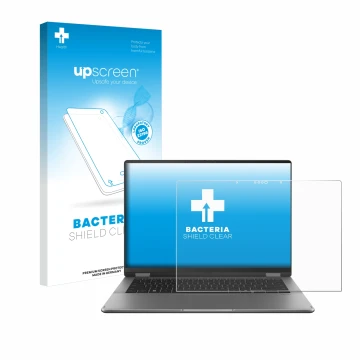 Face avant d’un emballage produit avec le logo de la marque upscreen. À côté, l’appareil ASUS Vivobook 14 Flip TP3407 est repr